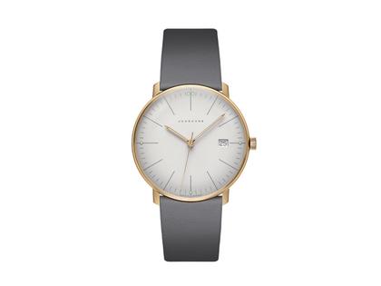 Junghans Max Bill Quarz Edelstahl Roségold-PVD 38mm silbernes Zifferblatt graues Lederband – Herrenuhren Uhr mit Datum aus Edelstahl, Leder und PVD beschichtet. Das Gehäuse ist rund und rotgold. Das Lederarmband ist grau. Das Zifferblatt ist ein Index in silber.