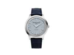 Frederique Constant Classics Moneta Solarmetre Quarz Edelstahl 39mm blaues Zifferblatt blaues Lederband und Metallband – Herrenuhren Uhr mit Datum aus Edelstahl. Das Gehäuse ist rund und silber. Das Lederarmband ist blau. Das Zifferblatt ist ein Index in blau.