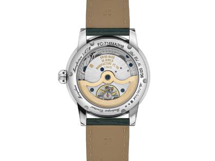 Frederique Constant Classic Moonphase Date Limited Edition Automatik Weißgold 40mm Malachit-Zifferblatt grünes Lederband – Herrenuhren Uhr mit Datum aus Edelstahl. Das Gehäuse ist rund und silber. Das Lederarmband Kroko / Alligator ist grün. Das Zifferblatt ist ein Index in grün. – Ansicht 2