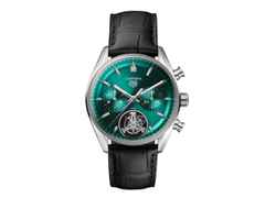 TAG Heuer Carrera Chronograph Tourbillon Automatik Edelstahl 42mm grünes Zifferblatt schwarzes Lederband – Herrenuhren Chronograph aus Edelstahl und Leder. Das Gehäuse ist rund und silber. Das Lederarmband Kroko / Alligator ist schwarz. Das Zifferblatt ist ein Index in grün.