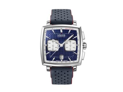Union Glashütte Averin Chronograph Automatik Edelstahl 41mm blaues Zifferblatt blaues Kautschukband blaues Lederband – Herrenuhren Chronograph aus Edelstahl, Kautschuk und Leder. Das Gehäuse ist quadratisch und silber. Das Lederarmband ist grau. Das Zifferblatt ist ein Index in blau. – Ansicht 2