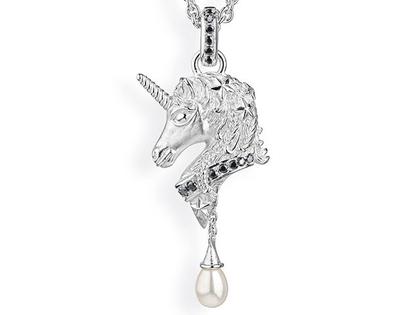 Drachenfels Design Sternenglanz und Schattentanz Anhänger Einhorn Bright groß Onyx Süßwasserperle Silber – Anhänger Anhänger mit Besatz aus 925 Silber.