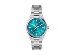 TAG Heuer Carrera Date Automatik Edelstahl 36mm türkisfarbenes Zifferblatt Metallband – Damenuhren Uhr mit Datum aus Edelstahl. Das Gehäuse ist rund und silber. Das Edelstahlarmband ist silber. Das Zifferblatt ist ein Index in türkis.