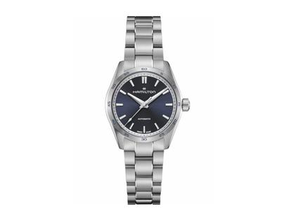 Damenuhren Uhr ohne Datum aus Edelstahl. Das Gehäuse ist rund und silber. Das Edelstahlarmband ist silber. Das Zifferblatt ist arabisch Index und blau.