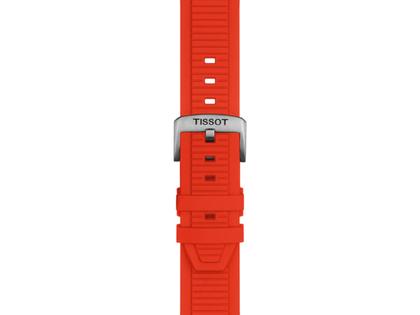 Tissot T-Race MotoGP                    2026 Chronograph Limited Edition Automatic Edelstahl 45mm skelettiertes Zifferblatt rotes Silikonband – Herrenuhren Chronograph aus Edelstahl und PVD beschichtet. Das Gehäuse ist rund und silber. Das Kautschuk / Kunststoff / Silikon Armband ist rot. Das Zifferblatt ist ein Index in silber. – Ansicht 6