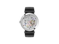Nomos Glashütte Tangente 2date Handaufzug Edelstahl 38mm blaues Zifferblatt schwarzes Lederband Glasboden – Herrenuhren Uhr mit Datum aus Edelstahl und Leder. Das Gehäuse ist rund und silber. Das Lederarmband ist schwarz. Das Zifferblatt ist arabisch Index und blau. – Ansicht 2