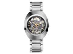Rado DiaStar Original Skeleton Automatik Edelstahl 38mm skelettiertes Zifferblatt Metallband – Herrenuhren Uhr ohne Datum aus Edelstahl und Keramik. Das Gehäuse ist oval und silber. Das Edelstahlarmband ist silber. Das Zifferblatt ist ein Index in grau.