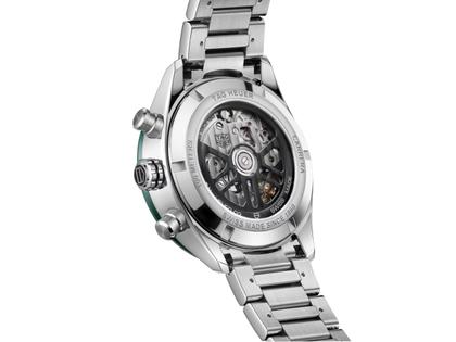 TAG Heuer Carrera Chronograph Automatik Edelstahl 44mm grünes Zifferblatt Metallband – Herrenuhren Chronograph aus Edelstahl und Keramik. Das Gehäuse ist rund und silber. Das Edelstahlarmband ist silber. Das Zifferblatt ist ein Index in grün. – Ansicht 3