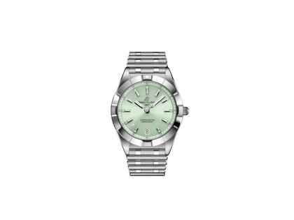 Breitling Chronomat 32 Quarz Edelstahl grünes Zifferblatt mit Brillanten Metallband – Damenuhren Uhr mit Datum aus Edelstahl. Das Gehäuse ist rund und silber. Das Edelstahlarmband ist silber. Das Zifferblatt ist ein Index in grün.