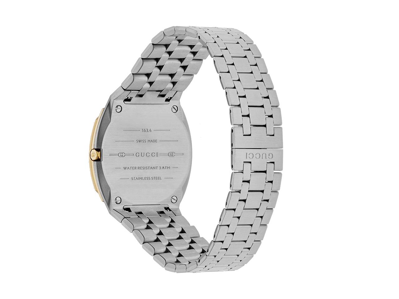 Gucci 25H Quarz Edelstahl 34mm goldenes Zifferblatt Metallband YA163403 – Damenuhren Uhr ohne Datum aus 750 Gelbgold, Edelstahl und vergoldet. Das Gehäuse ist rund und silber-gelbgold. Das Edelstahlarmband ist silber. Das Zifferblatt ist ein Index in gelbgold. – Ansicht 2