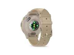 Garmin Venu 3S faserverstärktes Polymer French Grey 41mm beigefarbenes Lederband – Herrenuhren Uhr Multifunktion aus Edelstahl, Kautschuk, Kunststoff, Leder und PVD beschichtet. Das Gehäuse ist rund und beige. Das Lederarmband ist beige. Das Zifferblatt ist digital und schwarz. – Ansicht 3