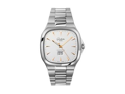 Herrenuhren Uhr mit Datum aus Edelstahl. Das Gehäuse ist quadratisch und silber. Das Edelstahlarmband ist silber. Das Zifferblatt ist ein Index in silber.