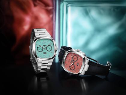 Glashütte Original Seventies Chronograph Panoramadatum Watermelon Automatik Edelstahl 40mm rotes Zifferblatt Metallband limitiert – Herrenuhren Chronograph aus 585 Weißgold und Edelstahl. Das Gehäuse ist quadratisch und silber. Das Edelstahlarmband ist silber. Das Zifferblatt ist ein Index in rot. – Ansicht 5