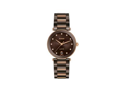 Rado LaCoupole Diamonds Quarz Edelstahl 31mm braues Zifferblatt mit Brillanten Keramikband – Damenuhren Uhr mit Datum aus Edelstahl und Keramik. Das Gehäuse ist rund und braun. Das Edelstahlarmband ist braun. Das Zifferblatt ist ein Index in braun.