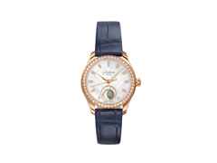 Glashütte Original Lady Serenade Luna Automatik Edelstahl 32,5mm weißes Zifferblatt blaues Lederband – Damenuhren Uhr ohne Datum aus 750 Rotgold, Edelstahl und Leder. Das Gehäuse ist rund und silber. Das Lederarmband Kroko / Alligator ist blau. Das Zifferblatt ist ein Index in weiß.