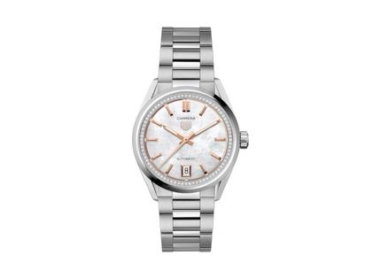Damenuhren Uhr mit Datum aus Edelstahl. Das Gehäuse ist rund und silber. Das Edelstahlarmband ist silber. Das Zifferblatt ist ein Index in weiß.