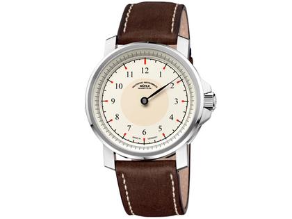 Mühle Glashütte M29 Classic Herrenuhr weiß Einzeiger – Herrenuhren Uhr ohne Datum aus Edelstahl. Das Armband ist ein Lederarmband. Der Zifferblatt ist arabisch.