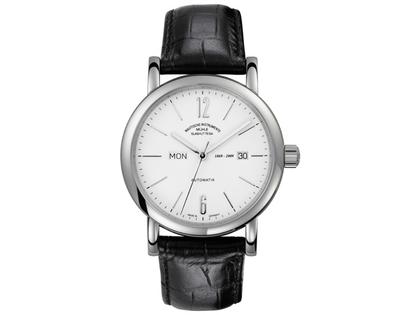 Mühle Glashütte Robert Mühle Tag/Datum Herrenuhr – Herrenuhren Uhr mit Datum aus Edelstahl. Das Armband ist ein Lederarmband Kroko / Alligator. Der Zifferblatt ist arabisch Index.