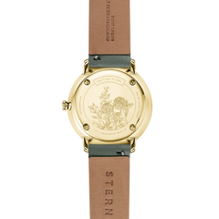 Sternglas Naos XS Edition Flora Quarz Edelstahl PVD-Gelbgold 33mm grünes Zifferblatt grünes Lederband – Damenuhren Uhr mit Datum aus Edelstahl und PVD beschichtet. Das Gehäuse ist rund und gelbgold. Das Lederarmband ist grün. Das Zifferblatt ist ein Index in grün. – Ansicht 4