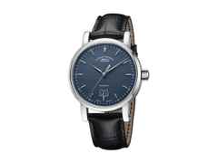 Mühle Glashütte Teutonia IV Großdatum Edition 1994 Automatik Edelstahl 41mm anthrazitblaues Zifferblatt schwarzes Lederband – Herrenuhren Uhr mit Datum aus Edelstahl. Das Gehäuse ist rund und silber. Das Lederarmband Kroko / Alligator ist schwarz. Das Zifferblatt ist ein Index in blau.