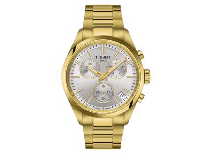 Tissot PR 100 Quarz Edelstahl PVD beschichtet 40mm silberfarbenes Zifferblatt Metallband PVD beschichtet – Herrenuhren Uhr mit Datum aus Edelstahl und PVD beschichtet. Das Gehäuse ist rund und gelbgold. Das Edelstahlarmband ist gelbgold. Das Zifferblatt ist ein Index in silber.