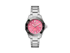 TAG Heuer Aquaracer Professional 300 Date Automatik Edelstahl 36mm rosa Zifferblatt mit Brillanten Metallband – Damenuhren Uhr mit Datum aus Edelstahl und Keramik. Das Gehäuse ist rund und silber. Das Edelstahlarmband ist silber. Das Zifferblatt ist ein Index in rosa.