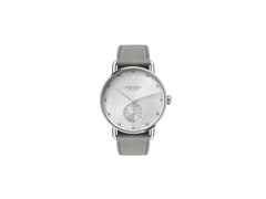 Nomos Glashütte Metro 33 All Silver Handaufzug Edelstahl 33mm silbernes Zifferblatt graues Lederband Glasboden – Damenuhren Uhr ohne Datum aus Edelstahl und Leder. Das Gehäuse ist rund und silber. Das Lederarmband ist grau. Das Zifferblatt ist ein Index in silber.