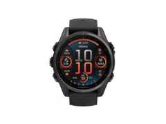 Garmin fenix 8 43mm AMOLED faserverstärktes Polymer Edelstahl titangrau beschichtet schwarzes Kautschukband – Damenuhren Uhr Multifunktion aus DLC beschichtet, Edelstahl und Kautschuk. Das Gehäuse ist rund und schwarz. Das Kautschuk / Kunststoff / Silikon Armband ist schwarz. Das Zifferblatt ist digital und schwarz.