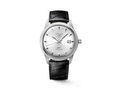 Longines Ultra Chron Classic Automatik Edelstahl 40mm silberfarbenes Zifferblatt schwarzes Lederband – Herrenuhren Uhr mit Datum aus Edelstahl und Leder. Das Gehäuse ist rund und silber. Das Lederarmband ist schwarz. Das Zifferblatt ist ein Index in silber.