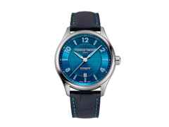 Frederique Constant Classics Runabout Automatic Edelstahl 42mm blaues Zifferblatt blaues Lederband – Herrenuhren Uhr mit Datum aus Edelstahl und Leder. Das Gehäuse ist rund und silber. Das Lederarmband ist blau. Das Zifferblatt ist arabisch Index und blau.