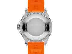 Breitling Superocean Automatic 36 Edelstahl orangenes Zifferblatt orangenes Kautschukband – Damenuhren Uhr ohne Datum aus Edelstahl und Keramik. Das Gehäuse ist rund und silber. Das Kautschuk / Kunststoff / Silikon Armband ist orange. Das Zifferblatt ist ein Index in orange. – Ansicht 2
