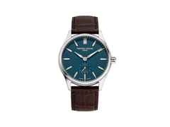 Frederique Constant Classics Automatik Edelstahl 39mm blaues Zifferblatt braunes Lederband – Herrenuhren Uhr mit Datum aus Edelstahl und Leder. Das Gehäuse ist rund und silber. Das Lederarmband ist braun. Das Zifferblatt ist ein Index in blau.