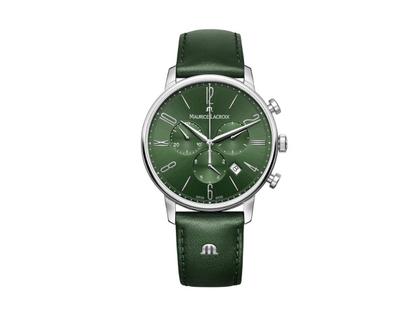 Maurice Lacroix Eliros Chronograph Edelstahl 40mm grünes Zifferblatt grünes Lederband – Herrenuhren Chronograph aus Edelstahl. Das Gehäuse ist rund und silber. Das Lederarmband ist grün. Das Zifferblatt ist arabisch Index und grün.