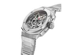 Alpina Alpiner Extreme Skeleton Automatik Edelstahl 39mm graues Zifferblatt Metallband – Herrenuhren Uhr ohne Datum aus Edelstahl und Kautschuk. Das Gehäuse ist rund und silber. Das Edelstahlarmband ist silber. Das Zifferblatt ist skelettiert und grau. – Ansicht 3