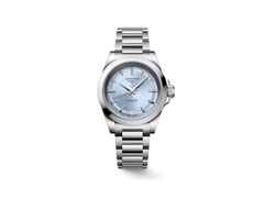 Longines Conquest Automatik Edelstahl 34mm blaues Zifferblatt Metallband – Damenuhren Uhr mit Datum aus Edelstahl. Das Gehäuse ist rund und silber. Das Edelstahlarmband ist silber. Das Zifferblatt ist ein Index in blau.