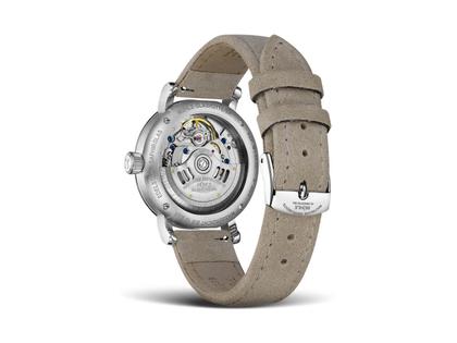 Mühle Glashütte Teutonia IV Lady Automatik Edelstahl 33,5mm brillantweißes Zifferblatt beiges Lederband – Damenuhren Uhr mit Datum aus 750 Gelbgold, Edelstahl und Leder. Das Gehäuse ist rund und silber. Das Lederarmband ist beige. Das Zifferblatt ist ein Index in weiß. – Ansicht 2