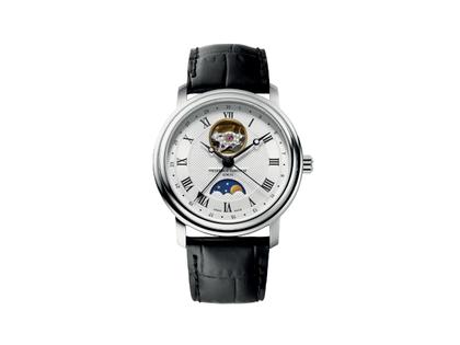 Frederique Constant Classics Heart Beat Moonphase Date Automatik Edelstahl 40mm silbernes Zifferblatt schwarzes Lederband – Herrenuhren Uhr ohne Datum aus Edelstahl. Das Gehäuse ist rund und silber. Das Lederarmband ist schwarz. Das Zifferblatt ist römisch und silber.