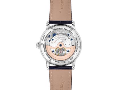 Frederique Constant Classics Worldtimer Manufacture GMT Automatik Edelstahl 42mm blaues Zifferblatt blaues Lederband Limited Edition – Herrenuhren Uhr mit Datum aus Edelstahl und Leder. Das Gehäuse ist rund und silber. Das Lederarmband Kroko / Alligator ist blau. Das Zifferblatt ist ein Index in blau. – Ansicht 2