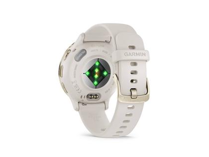 Garmin Venu 3S faserverstärktes Polymer elfenbeinfarben 41mm elfenbeinfarbenes Kautschukband – Herrenuhren Uhr Multifunktion aus Edelstahl, Kautschuk, Kunststoff und PVD beschichtet. Das Gehäuse ist rund und beige. Das Kautschuk / Kunststoff / Silikon Armband ist beige. Das Zifferblatt ist digital und schwarz. – Ansicht 5