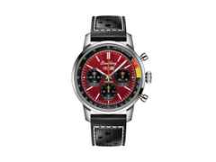 Breitling Top Time B01 Chevrolet Corvette Automatik Edelstahl 41mm rotes Zifferblatt schwarzes Lederband – Herrenuhren Chronograph aus Edelstahl. Das Gehäuse ist rund und silber. Das Lederarmband ist schwarz. Das Zifferblatt ist ein Index in rot.
