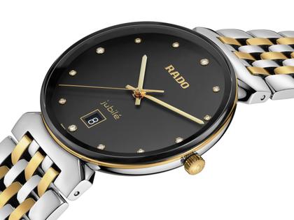 Rado Florence Classic Diamonds Quarz Edelstahl 38 mm schwarz Edelstahlband bicolor – Herrenuhren Uhr mit Datum aus Edelstahl und PVD beschichtet. Das Gehäuse ist rund und silber-gelbgold. Das Edelstahlarmband ist silber-gelbgold. Das Zifferblatt ist ein Index in schwarz. – Ansicht 2