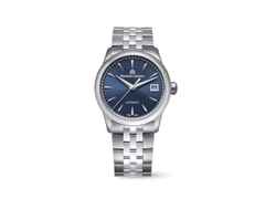 Maurice Lacroix 1975 Automatik Edelstahl 36mm blaues Zifferblatt Metallband – Herrenuhren Uhr mit Datum aus Edelstahl. Das Gehäuse ist rund und silber. Das Edelstahlarmband ist silber. Das Zifferblatt ist ein Index in blau.