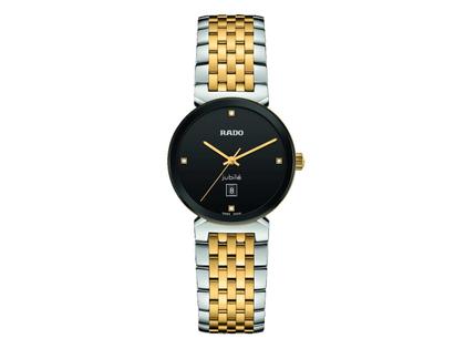 Damenuhren Uhr mit Datum aus Edelstahl und PVD beschichtet. Das Gehäuse ist rund und silber-gelbgold. Das Edelstahlarmband ist silber-gelbgold. Das Zifferblatt ist ein Index in schwarz.