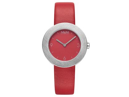 M&M Circle Line Quarz Edelstahl 34mm rotes Zifferblatt rotes Lederband – Damenuhren Uhr ohne Datum aus Edelstahl und Leder. Das Gehäuse ist rund und rot. Das Lederarmband ist rot. Das Zifferblatt ist ohne Zeichen und blau.