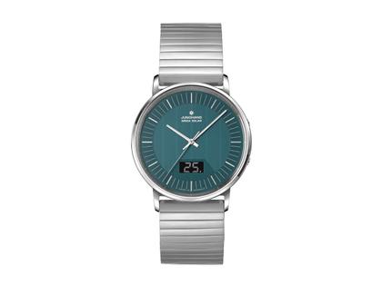 Herrenuhren Uhr mit Datum aus Edelstahl. Das Gehäuse ist rund und silber. Das Edelstahlarmband ist silber. Das Zifferblatt ist ein Index in türkis.