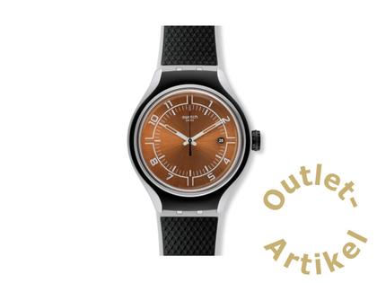 Herrenuhren Uhr mit Datum aus Aluminium und Kautschuk. Das Gehäuse ist rund und schwarz. Das Kautschuk / Kunststoff / Silikon Armband ist schwarz. Das Zifferblatt ist arabisch Index und bronze.