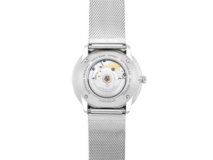 Junghans Meister fein Automatic Edelstahl 39mm silbernes Zifferblatt Metallband – Herrenuhren Uhr mit Datum aus Edelstahl. Das Gehäuse ist rund und silber. Das Edelstahlarmband ist grau. Das Zifferblatt ist ein Index in silber. – Ansicht 3