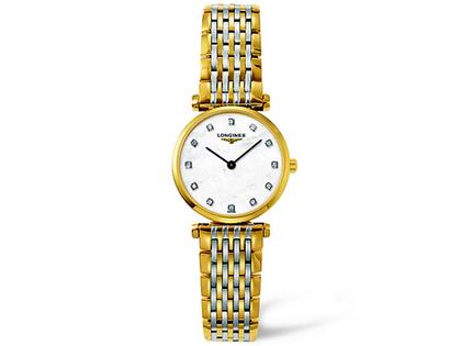 Longines La Grande Classique Damenuhr XS goldfarben Diamanten Perlmutt Metallband bicolor – Damenuhren Uhr ohne Datum aus Edelstahl und PVD beschichtet. Das Armband ist ein Edelstahlarmband. Der Zifferblatt ist ein Index.