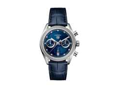 TAG Heuer Carrera Chronograph Automatik Edelstahl 39mm blaues Zifferblatt mit Diamanten blaues Lederband – Herrenuhren Chronograph aus Edelstahl. Das Gehäuse ist rund und silber. Das Lederarmband Kroko / Alligator ist blau. Das Zifferblatt ist ein Index in blau.