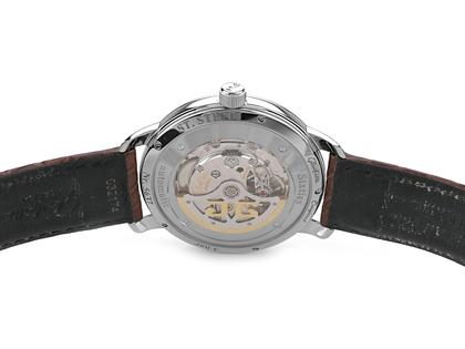 Glashütte Original Sixties Panoramadatum Limited Edition Automatik Edelstahl 42mm oranges Zifferblatt braunes Lederband 2-39-47-09-02-04 Full Set Occasion Neu – Herrenuhren Uhr mit Datum aus Edelstahl. Das Gehäuse ist rund und silber. Das Lederarmband Kroko / Alligator ist braun. Das Zifferblatt ist arabisch Index und orange. – Ansicht 2